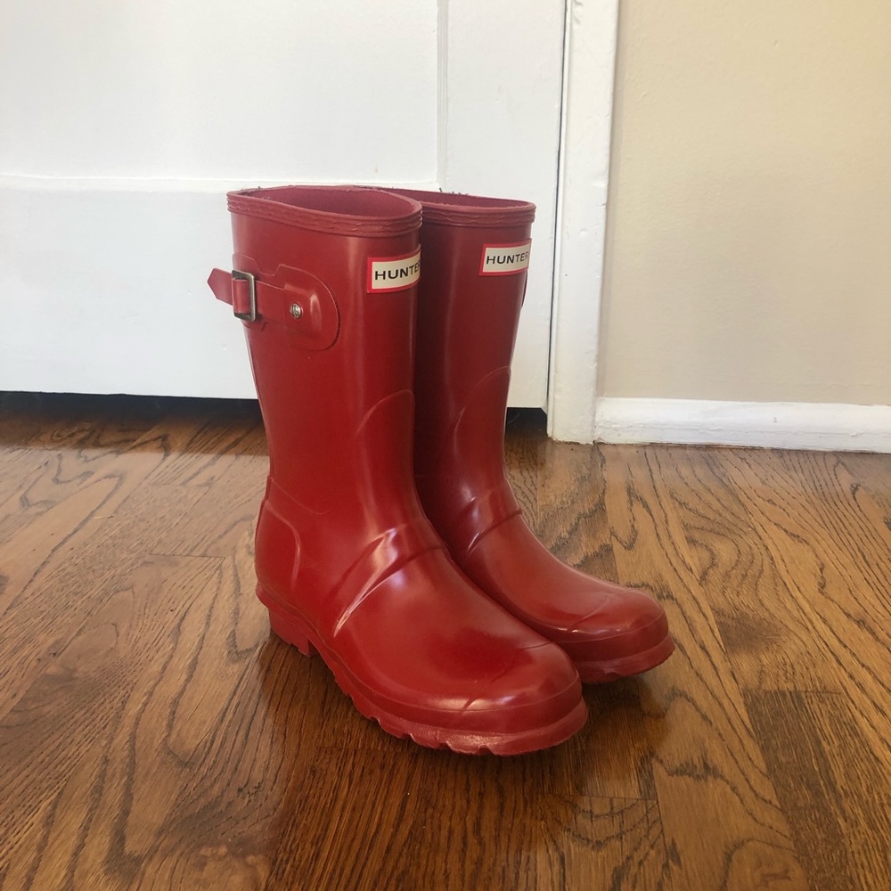 Red hunter rain boots